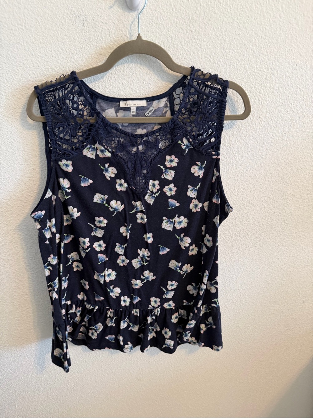 Skies Are Blue Navy Floral Crochet Yoke Camisole